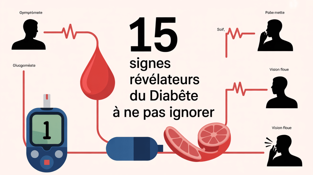 Illustration médicale des 15 signes du diabète avec glucomètre