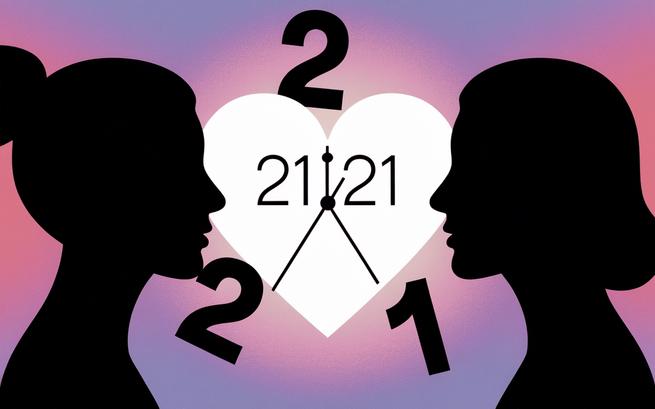 Silhouettes cœur, horloge 21h21, aura équilibre amoureux