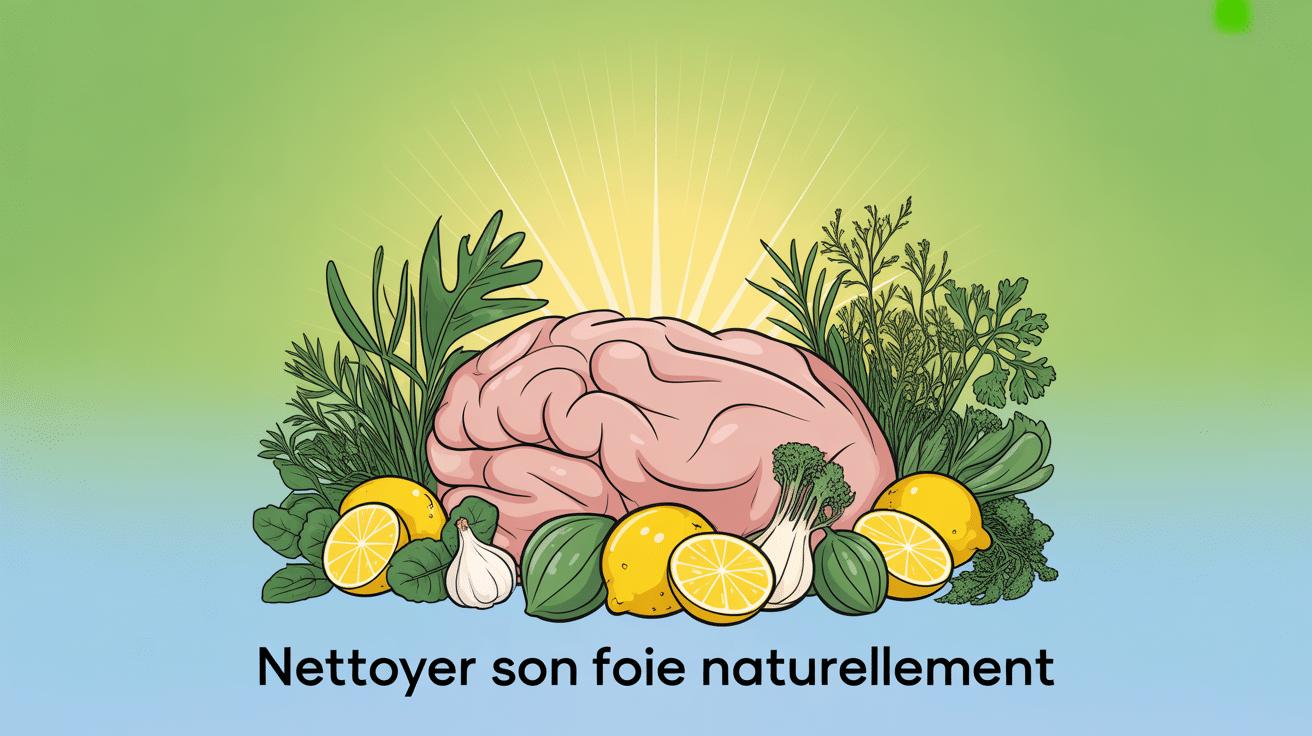 Foie humain entouré de plantes et légumes pour détox hépatique