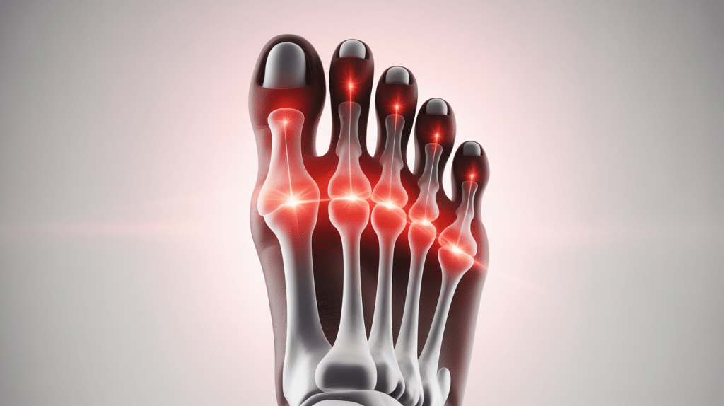 Vue médicale détaillée du dessus du pied avec points de douleur