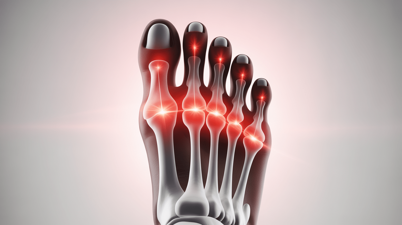 Vue médicale détaillée du dessus du pied avec points de douleur