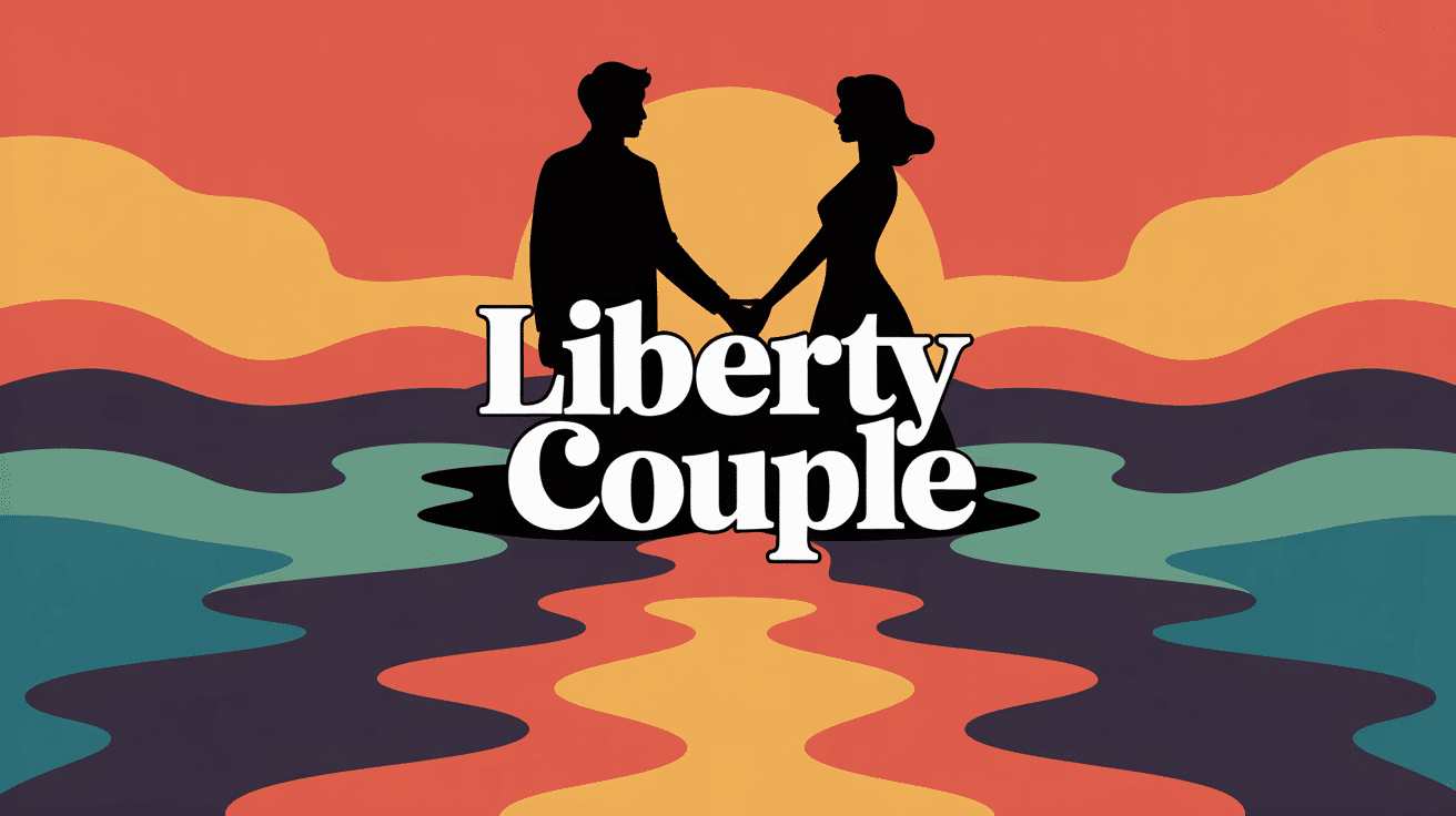 Couple libertin stylisé, horizon coloré, logo Liberty Couple