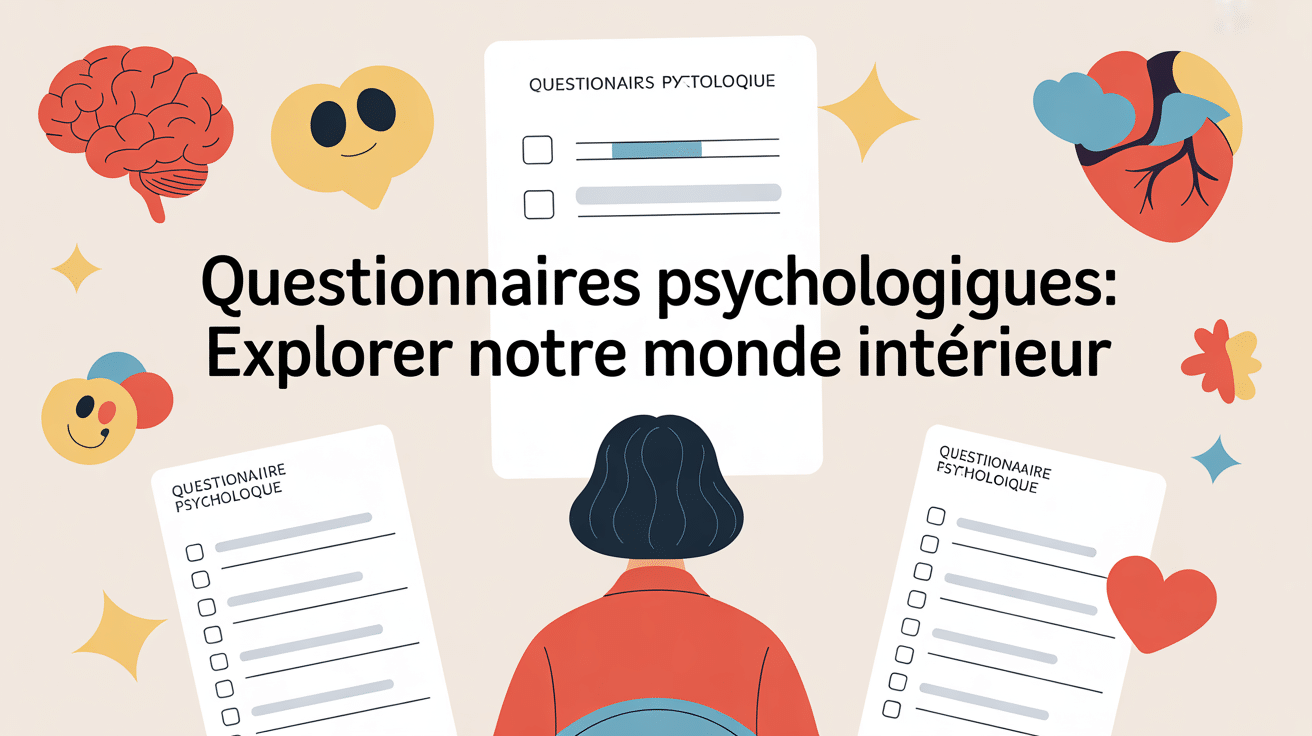 Silhouette humaine face à un questionnaire psychologique avec symboles émotionnels