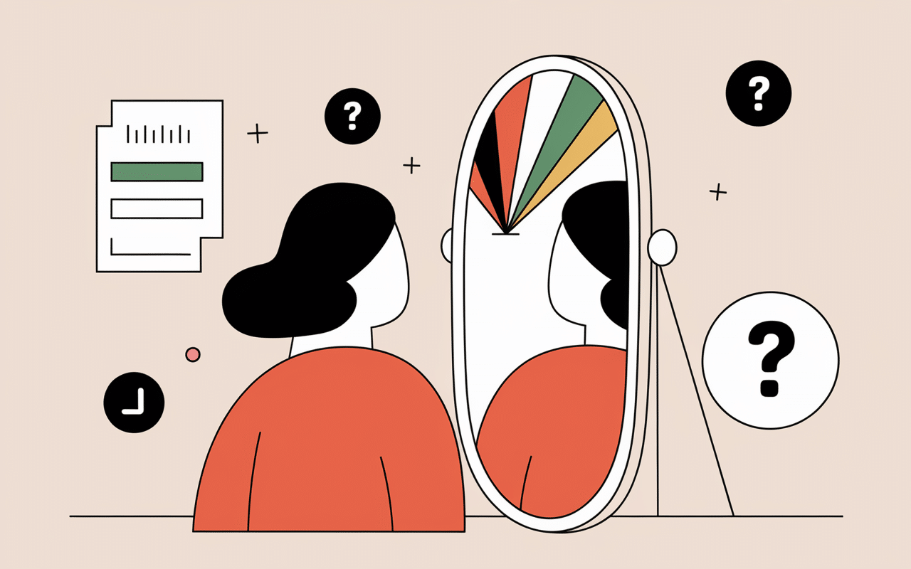 Miroir avec spectre d'identités, questionnaire, symboles d'interrogation