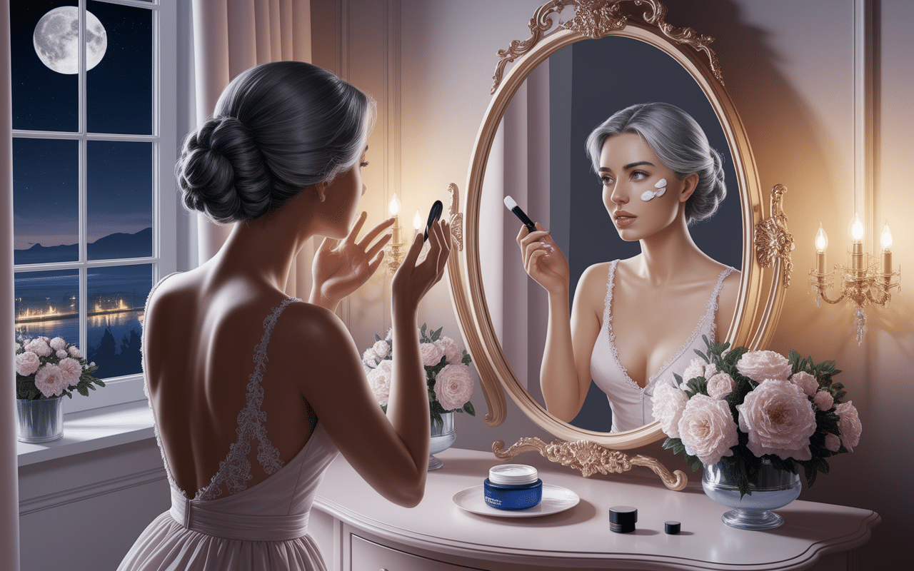 Femme applique crème de nuit Helena Rubinstein Re-Plasty devant miroir