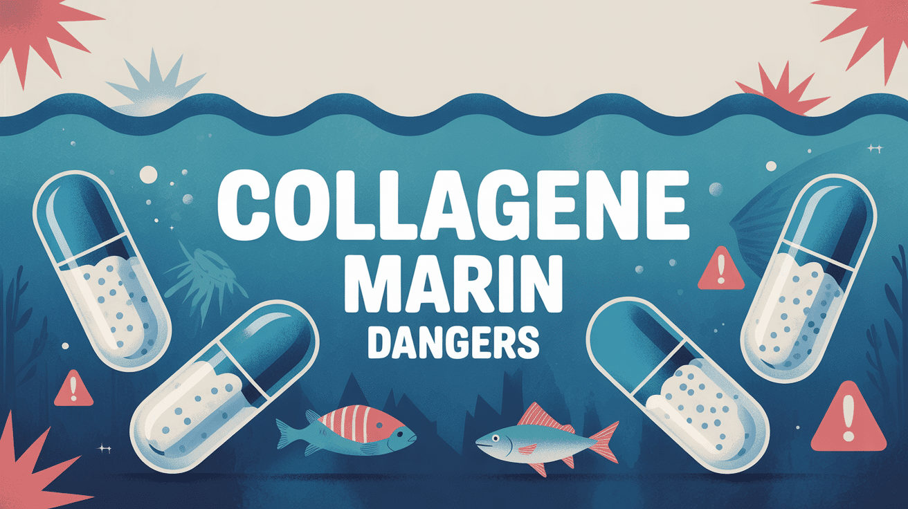 Complément alimentaire collagène marin dangers avec poisson et symboles d'alerte