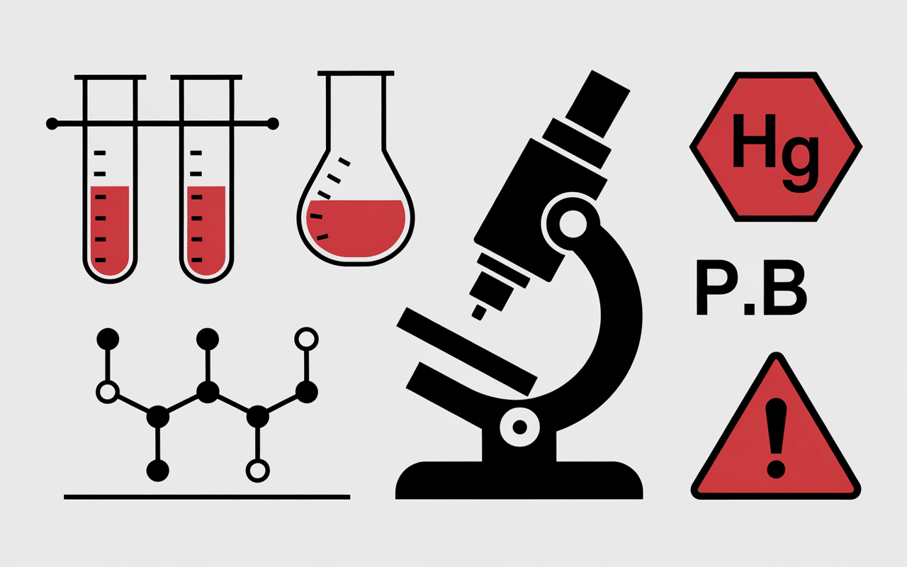 Éprouvettes et microscope symbolisant recherche sur collagène marin dangers et métaux lourds