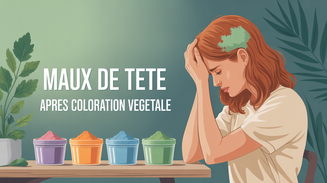 femme souffrant de maux de tête après coloration végétale avec pâte verte sur cheveux