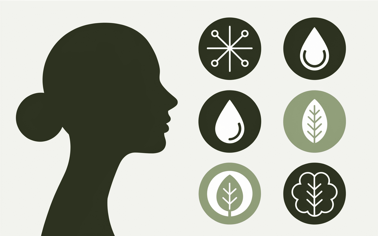 Silhouette visage féminin avec icônes bienfaits matcha