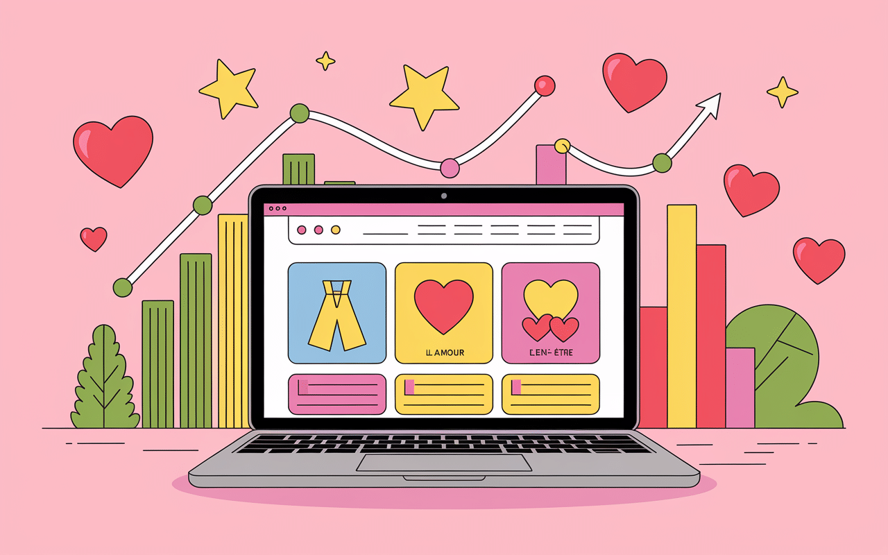 Écran web avec icônes mode, amour, bien-être