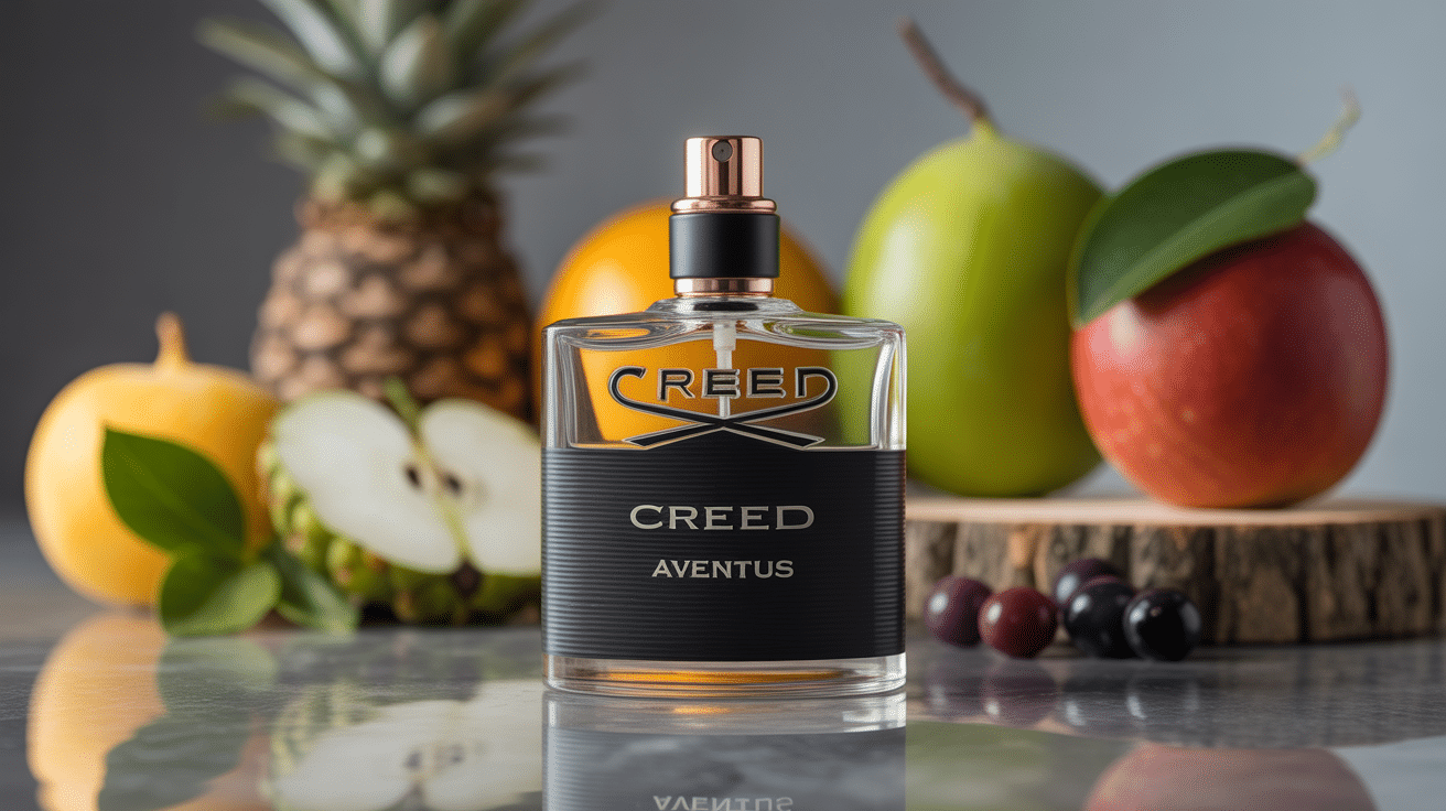 Flacon de Creed Aventus sur marbre noir avec fruits et éléments naturels