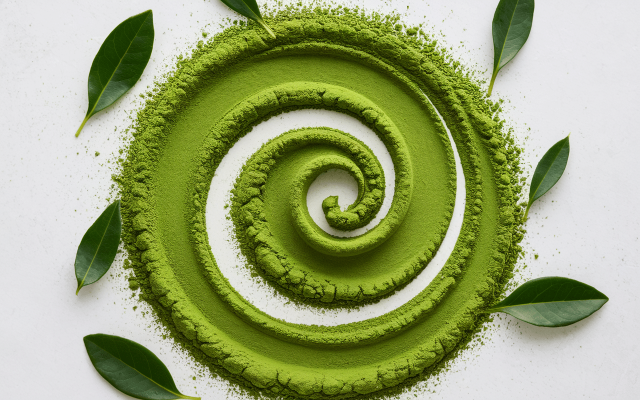 Poudre de thé matcha vert émeraude en spirale élégante