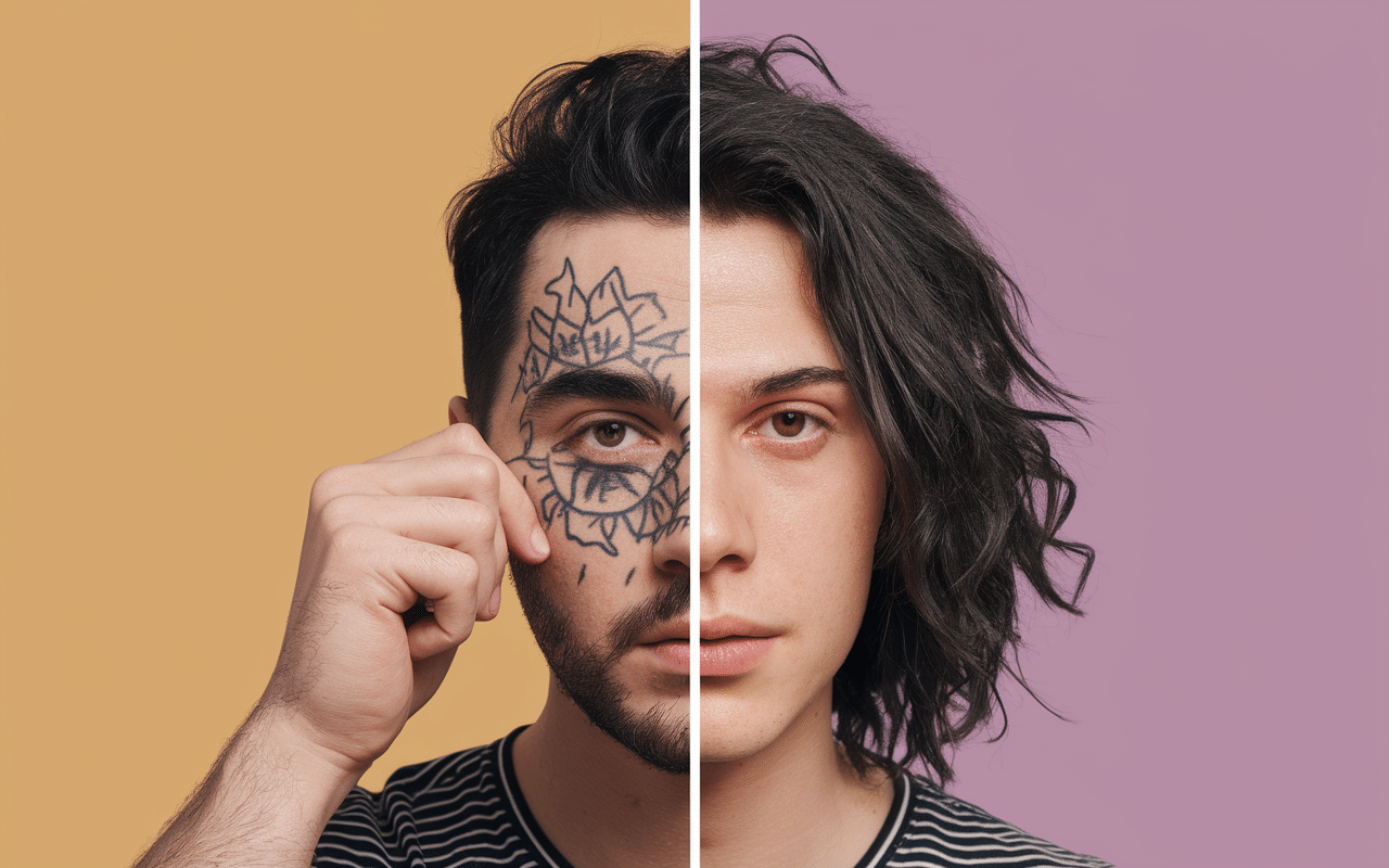Image comparaison cheveux relevés et détachés tatouage oreille