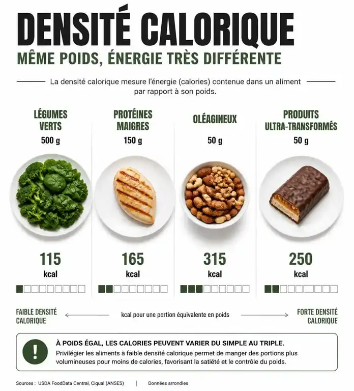 Infographie comparant la densité calorique des aliments pour une nutrition saine et perdre du poids