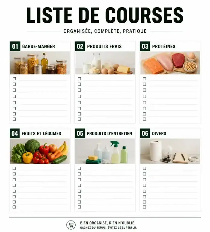 Infographie illustrant une liste de courses alimentaires organisée par catégories pour optimiser ses achats.