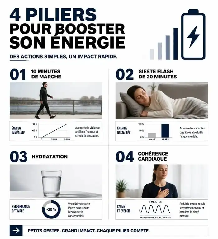 Infographie sur comment avoir de l'énergie rapidement avec des astuces naturelles