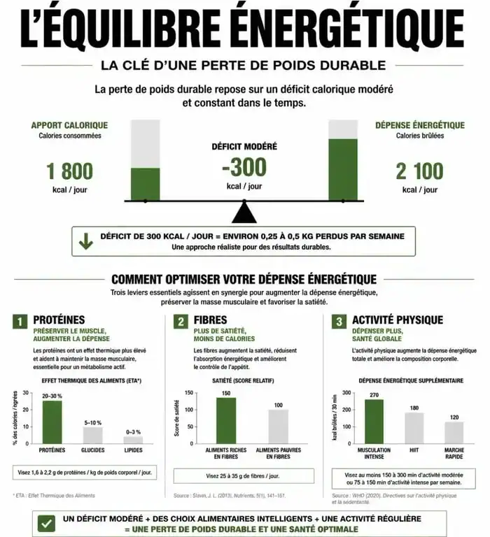Infographie sur les principes d'une perte de poids saine pour maigrir vite et bien