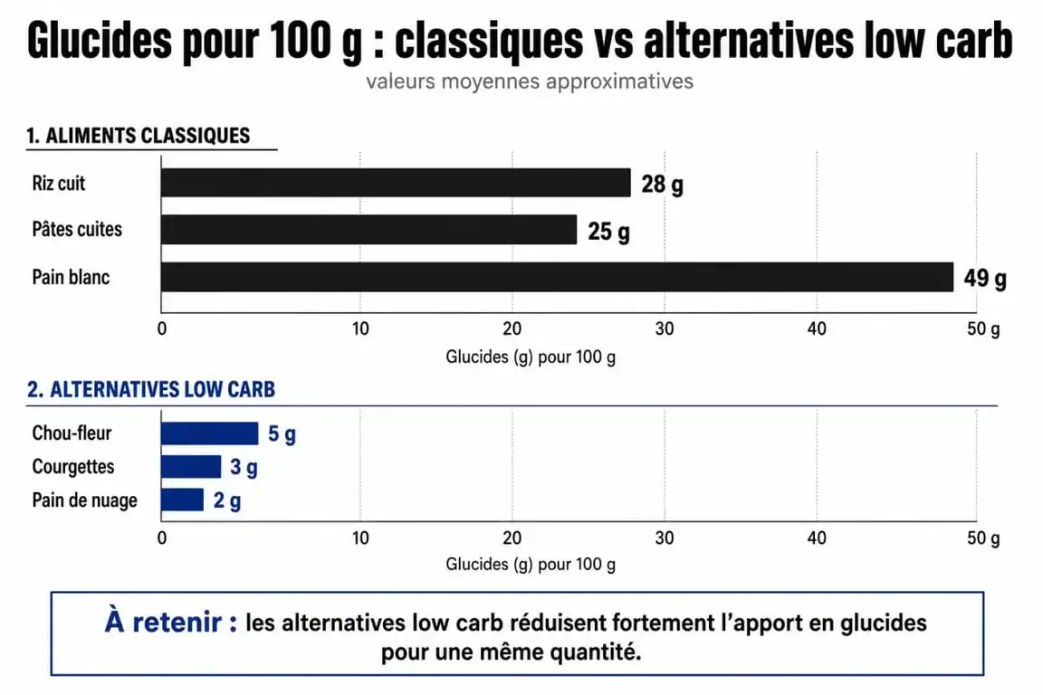 Comparatif visuel des teneurs en glucides pour 100g : aliments classiques vs aliments pauvres en glucide pour une alimentation low carb.