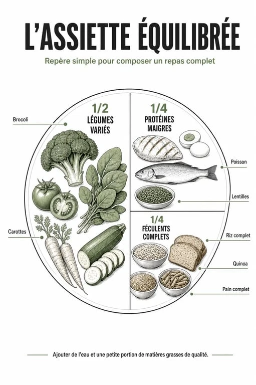 Quoi manger en regime : assiette équilibrée avec légumes, protéines maigres et féculents complets