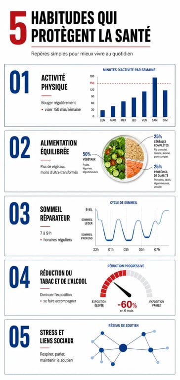 Infographie sur 5 habitudes simples pour améliorer votre santé au quotidien et vivre plus longtemps, avec repères de marche, alimentation, sommeil, réduction du tabac et de l’alcool, et gestion du stress