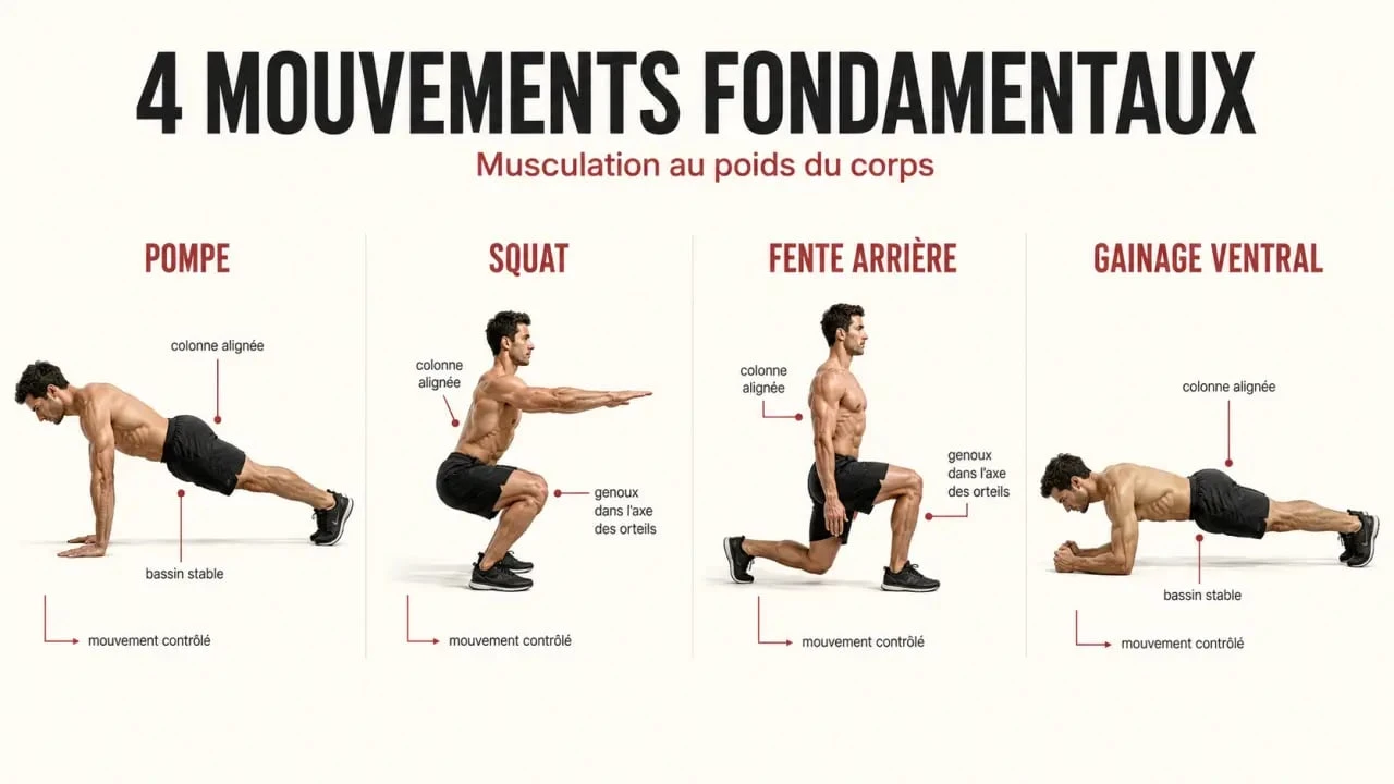 Illustration des exercices fondamentaux d’un programme de musculation au poids du corps