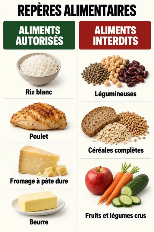 Tableau comparatif des aliments autorisés et interdits dans un régime sans fibres pour coloscopie