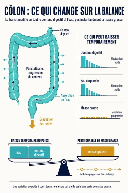 Schéma du nettoyage du côlon et de la différence entre perte d’eau et perte de masse grasse