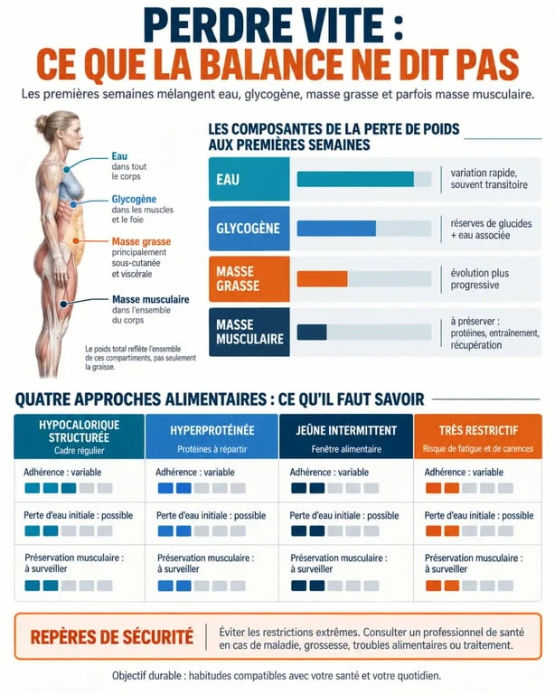 Infographie sur un régime rapide et efficace et les différences entre perte d’eau, de graisse et de muscle