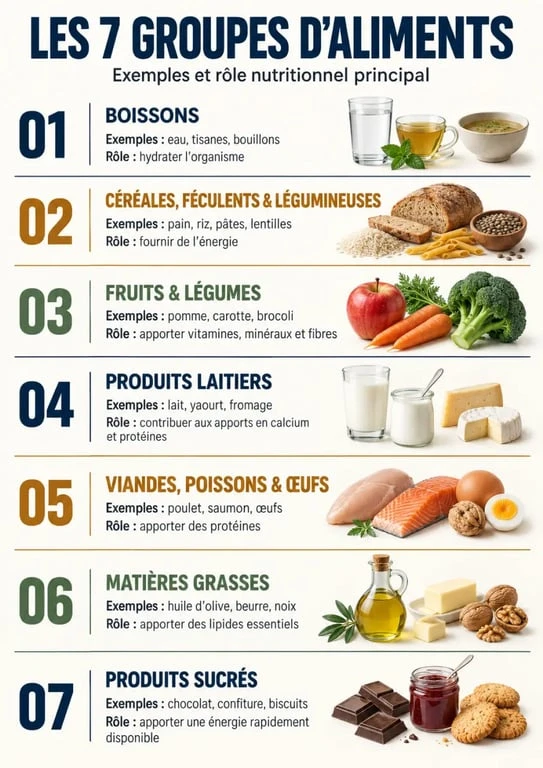 Infographie récapitulative des 7 groupes d'aliments tableau avec exemples et rôles nutritionnels