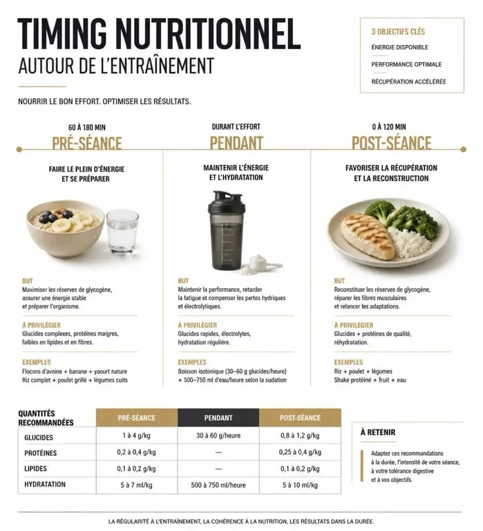Schéma du timing nutritionnel pour optimiser la nutrition pour la musculation