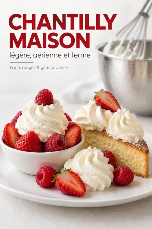 Chantilly légère maison aérienne et ferme sur un dessert aux fruits rouges